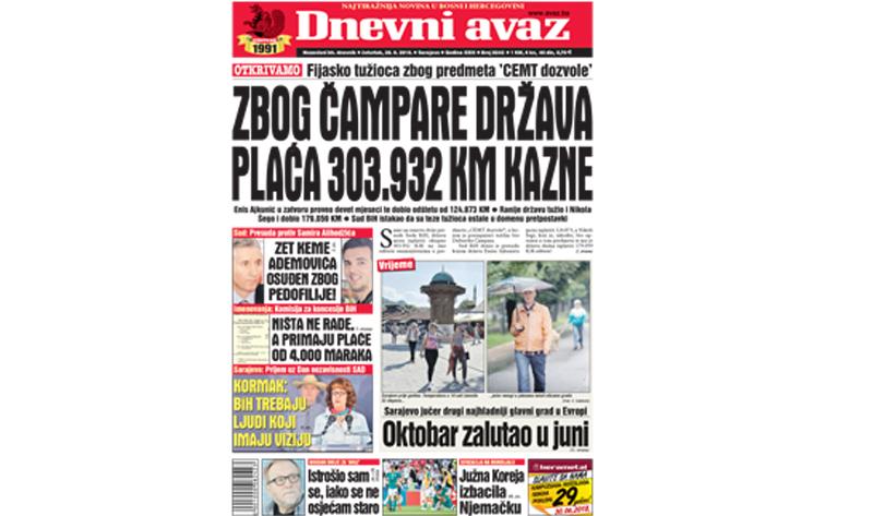 Danas u "Dnevnom avazu" čitajte: Zbog Čampare država plaća 303.932 KM kazne