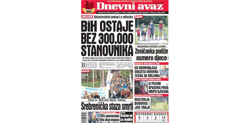 Danas u ''Dnevnom avazu'' čitajte – BiH ostaje bez 300.000 stanovnika