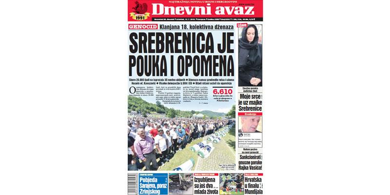 Danas u "Dnevnom avazu" čitajte - Srebrenica je pouka i opomena