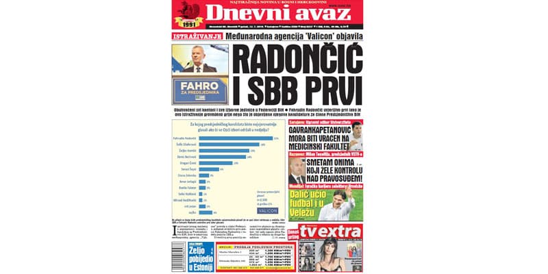 Danas u "Dnevnom avazu" čitajte: Radončić i SBB prvi