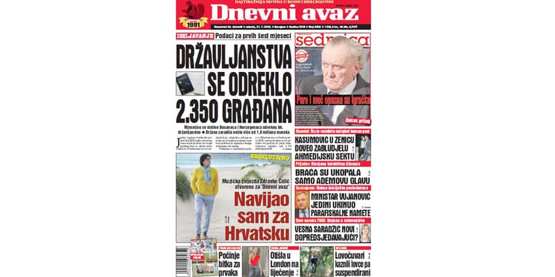 Danas u "Dnevnom avazu" čitajte: Državljanstva se odreklo 2.350 građana