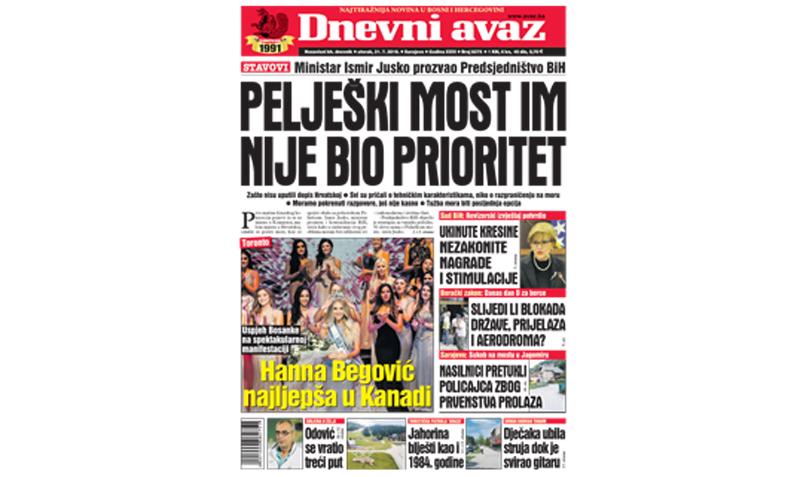 Danas u "Dnevnom avazu" čitajte - Pelješki most im nije bio prioritet