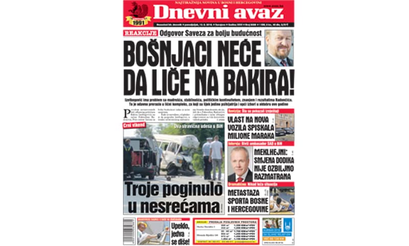 Danas u "Dnevnom avazu" čitajte: Bošnjaci neće da liče na Bakira!
