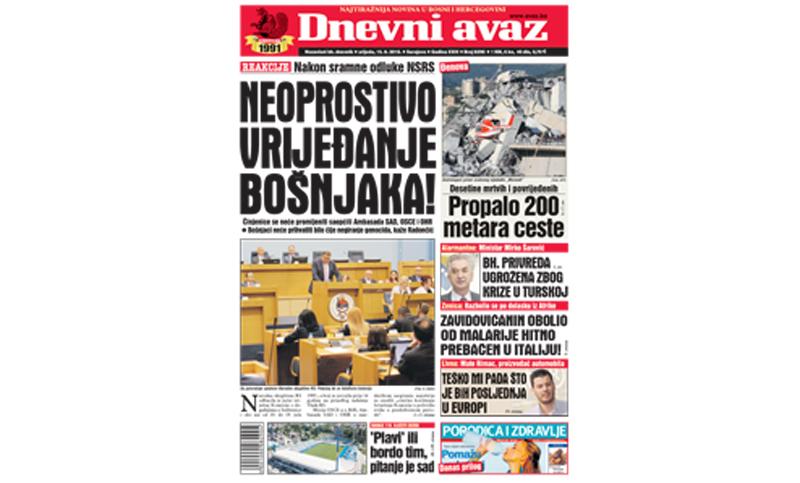 Danas u "Dnevnom avazu" čitajte – Neoprostivo vrijeđanje Bošnjaka!