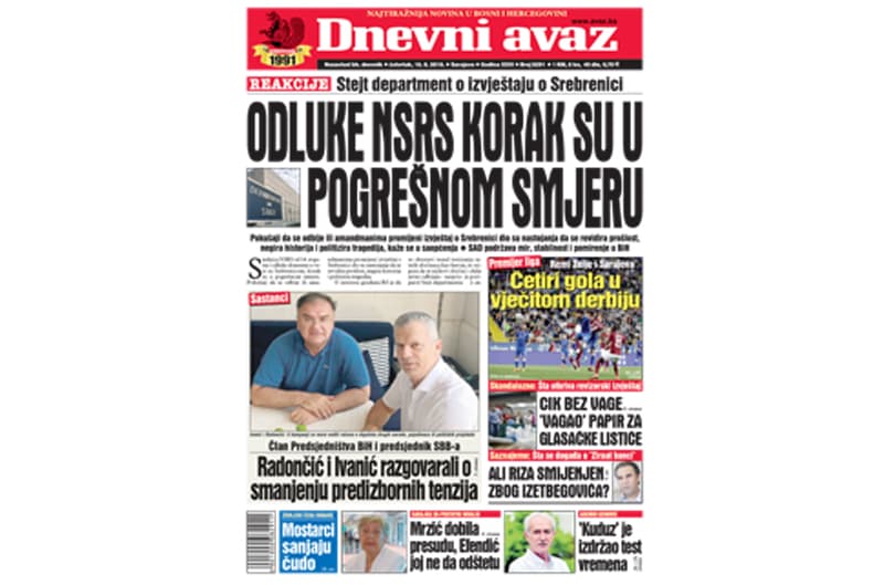 Danas u "Dnevnom avazu" čitajte - Odluke NSRS korak su u pogrešnom smjeru