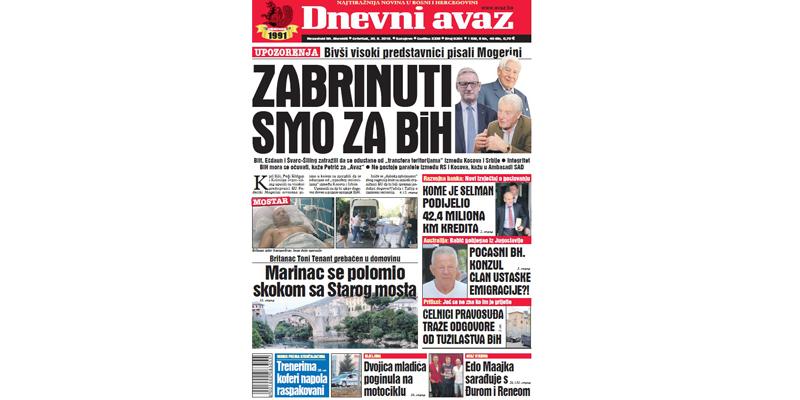 Danas u "Dnevnom avazu" čitajte - Zabrinuti smo za BiH