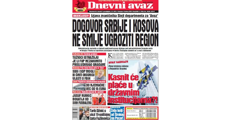 Danas u "Dnevnom avazu" čitajte - Dogovor Srbije i Kosova ne smije ugroziti region