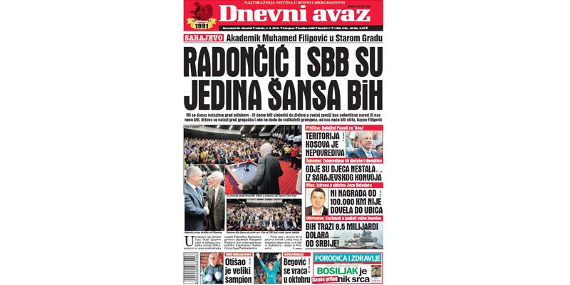Danas u "Dnevnom avazu" čitajte - Radončić i SBB su jedina šansa BiH