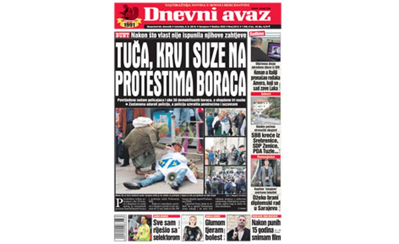 Danas u "Dnevnom avazu": Tuča, krv i suze na protestima boraca