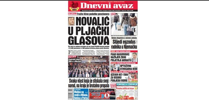 Danas u "Dnevnom avazu" čitajte: Novalić u pljački glasova