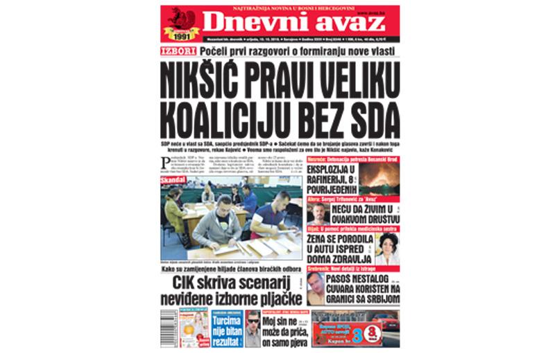 Danas u "Dnevnom avazu" čitajte: Nikšić pravi veliku koaliciju bez SDA
