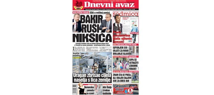 Danas u "Dnevnom avazu" čitajte: Bakir ruši Nikšića