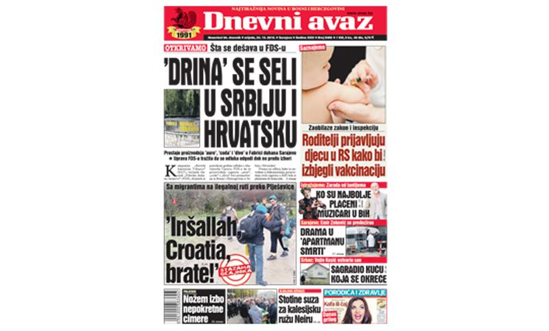 Danas u "Dnevnom avazu" čitajte: "Drina" se seli u Srbiju i Hrvatsku