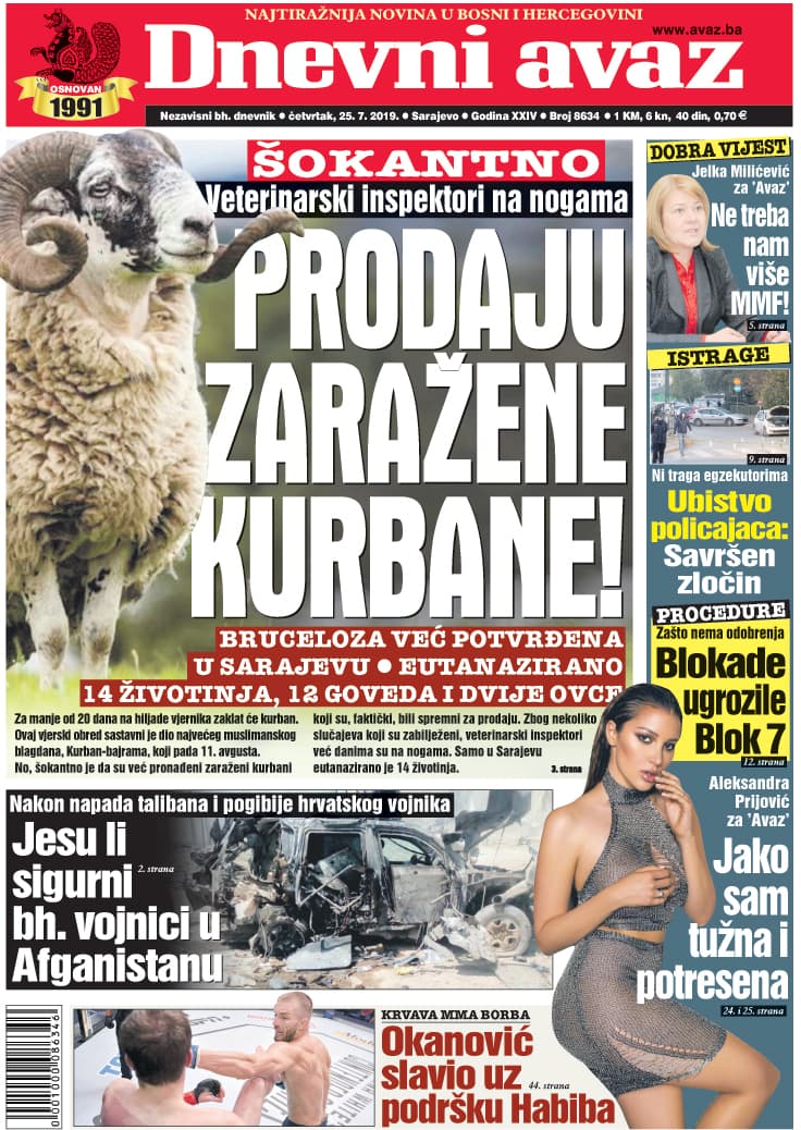 Naslovnica "Dnevnog avaza" za 25.7.2019 - Avaz