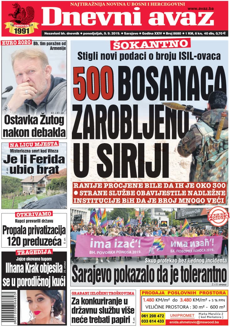 Naslovnica "Dnevnog avaza" za 08.09.2019. - Avaz