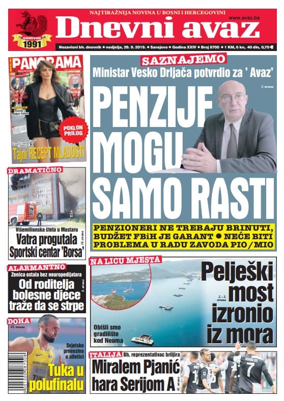 Naslovnica "Dnevnog avaza" - Avaz