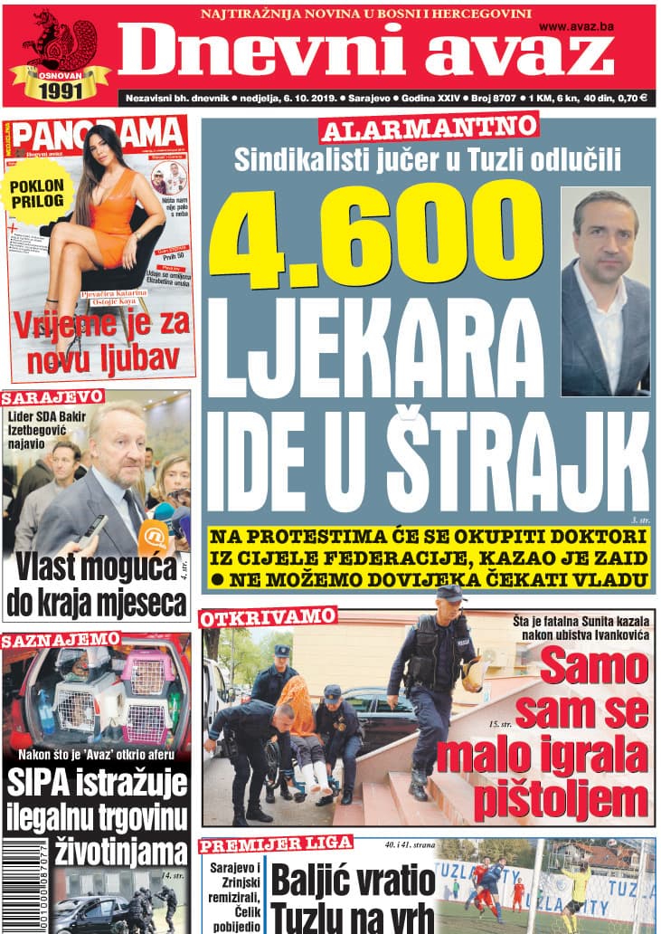 Naslovnica "Dnevnog avaza" za 06.10.2019. - Avaz