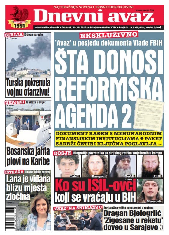 Naslovna strana "Dnevnog avaza" - Avaz