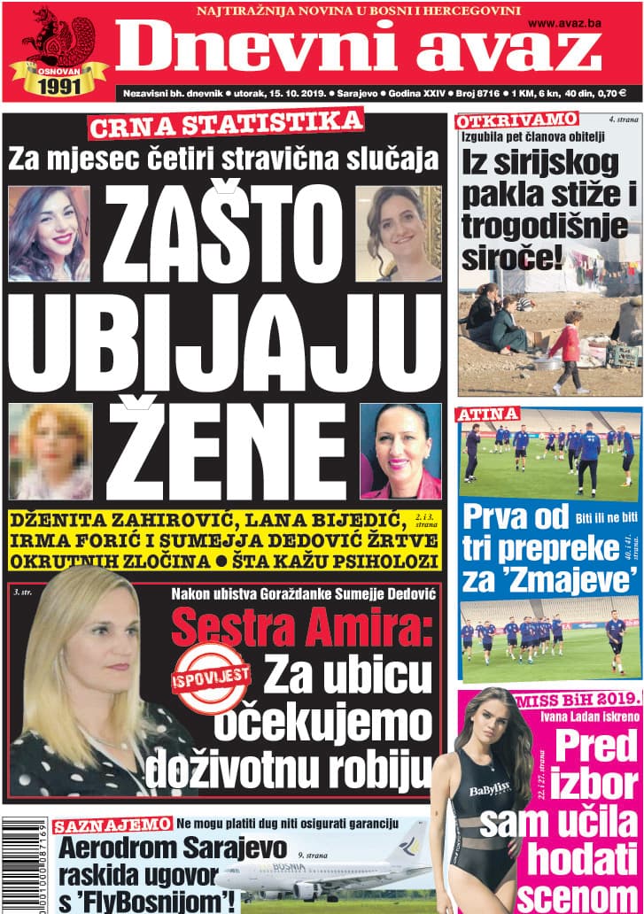 Naslovnica "Dnevnog avaza" za 15.10.2019. - Avaz