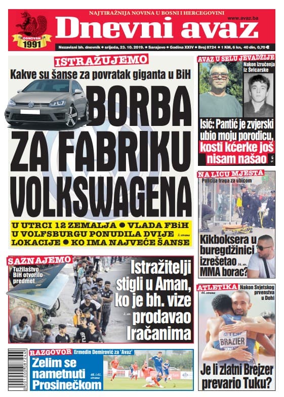 Naslovna strana "Dnevnog avaza" - Avaz