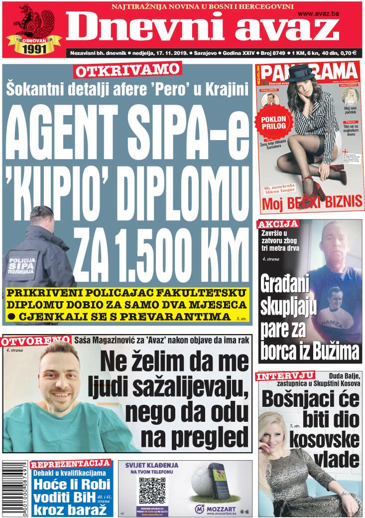 Naslovnica "Dnevnog avaza" za 17. novembar 2019. - Avaz