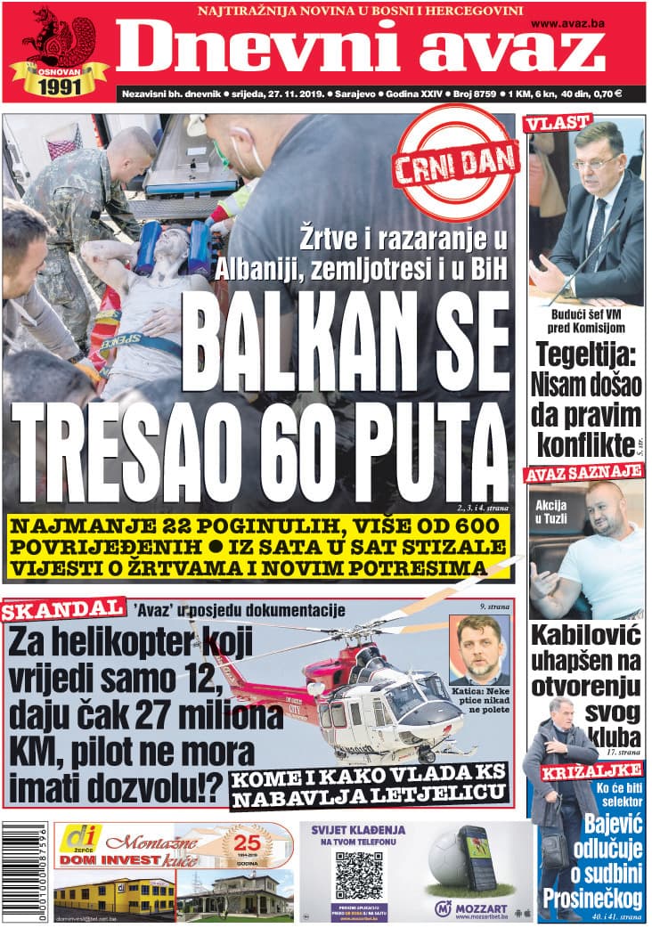 Naslovnica "Dnevnog avaza" za 27.11.2019. - Avaz