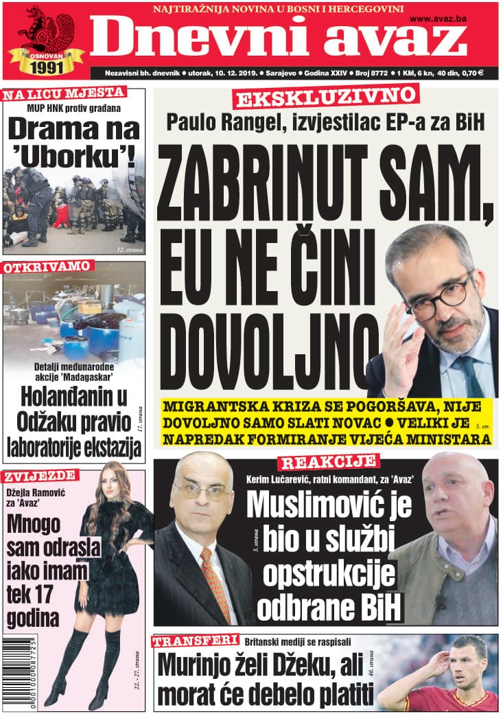Naslovnica "Dnevnog avaza" za 10.12.2019. - Avaz