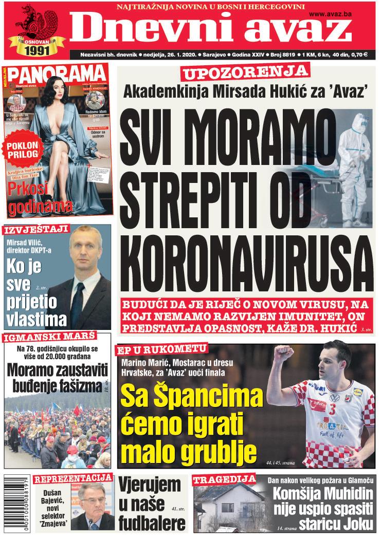 Naslovnica "Dnevnog avaza" za 26.01.2020. - Avaz