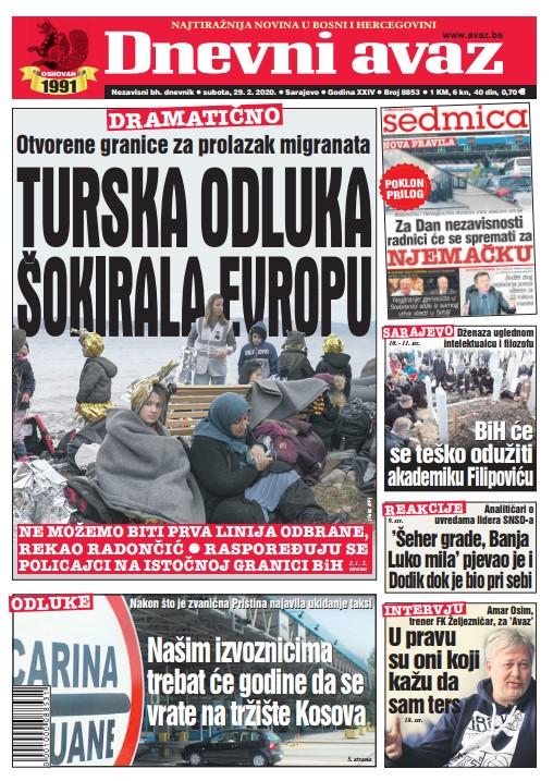 Naslovna strana današnjeg "Dnevnog avaza" - Avaz
