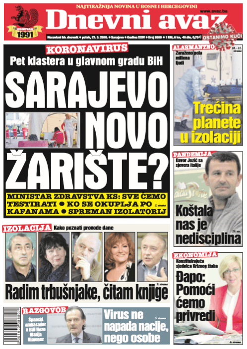 Naslovna strana "Dnevnog avaza" za 27.03.2020. - Avaz
