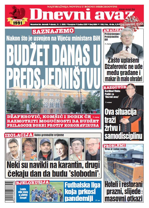 Naslovnica današnjeg izdanja - Avaz