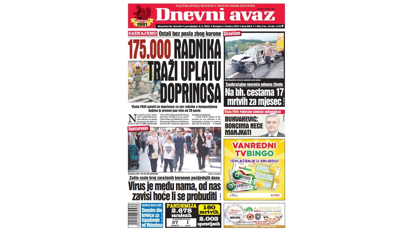 Danas u "Dnevnom avazu" čitajte: 175.000 radnika traži uplatu doprinosa