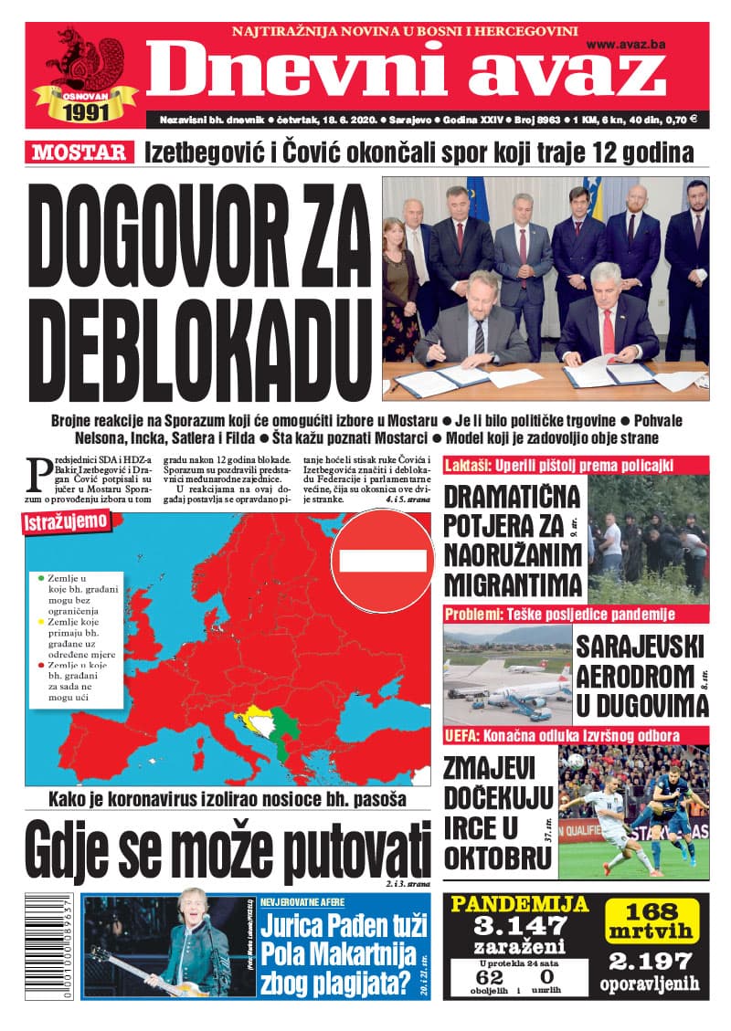 Naslovnica "Dnevnog avaza" za 18.6.2020. - Avaz