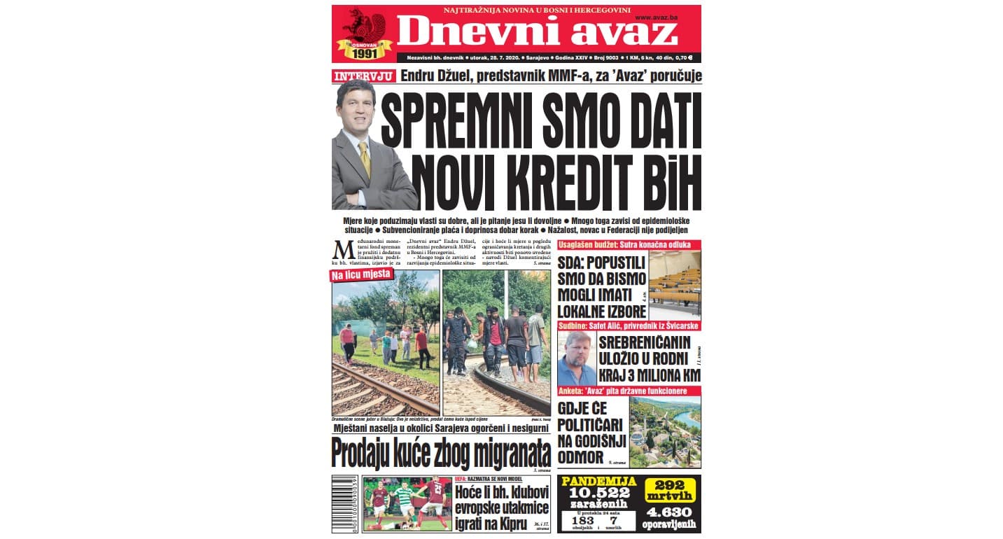 Danas u "Dnevnom avazu" čitajte: Spremni smo dati novi kredit BiH