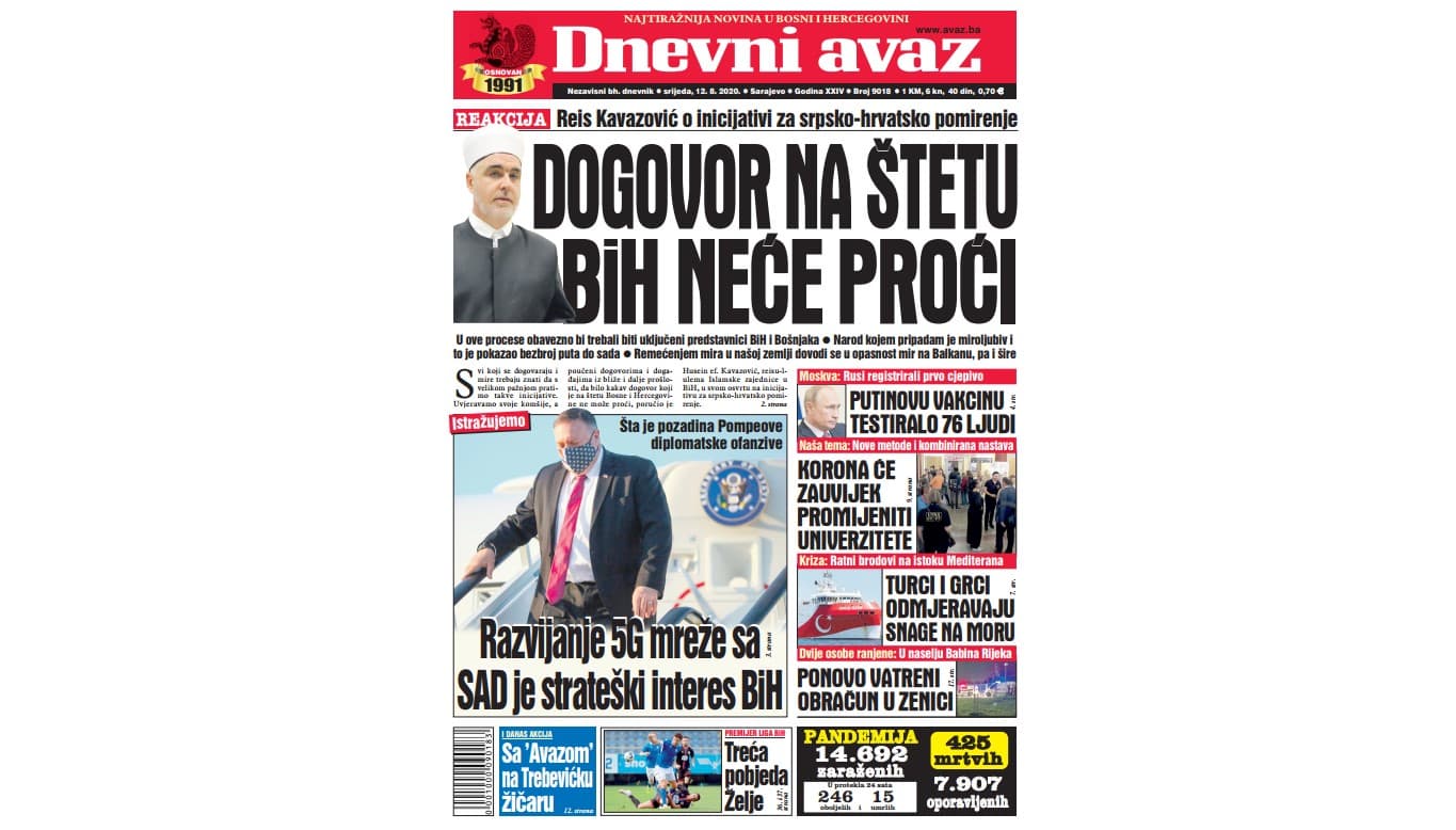 Danas u "Dnevnom avazu" čitajte: Dogovor na štetu BiH neće proći