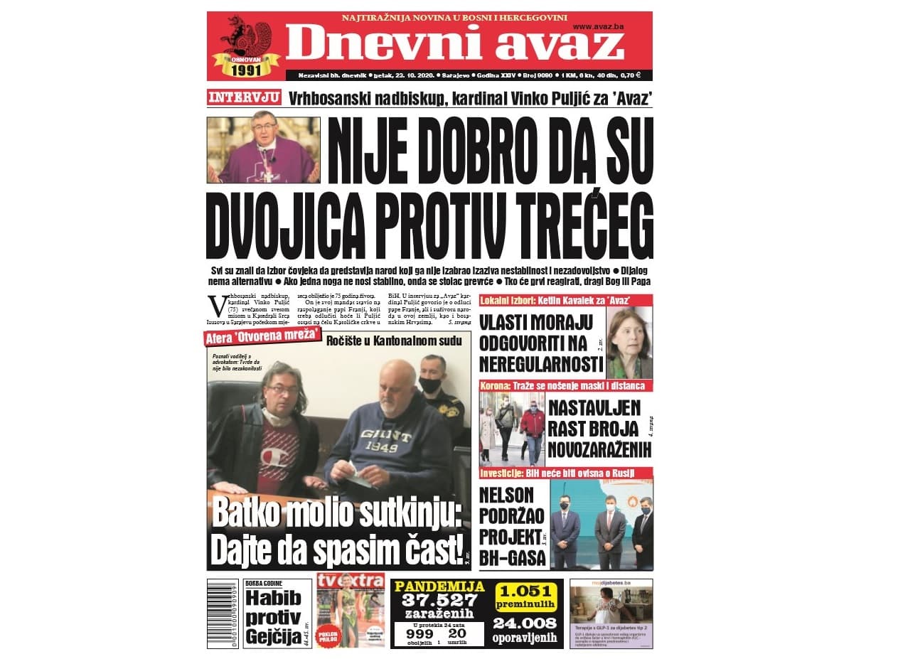 Danas u "Dnevnom avazu" čitajte: Nije dobro da su dvojica protiv trećeg
