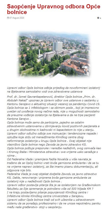 Saopćenje Upravnog odbora Opće bolnice - Avaz