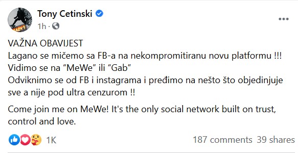 Objava Cetinskog - Avaz
