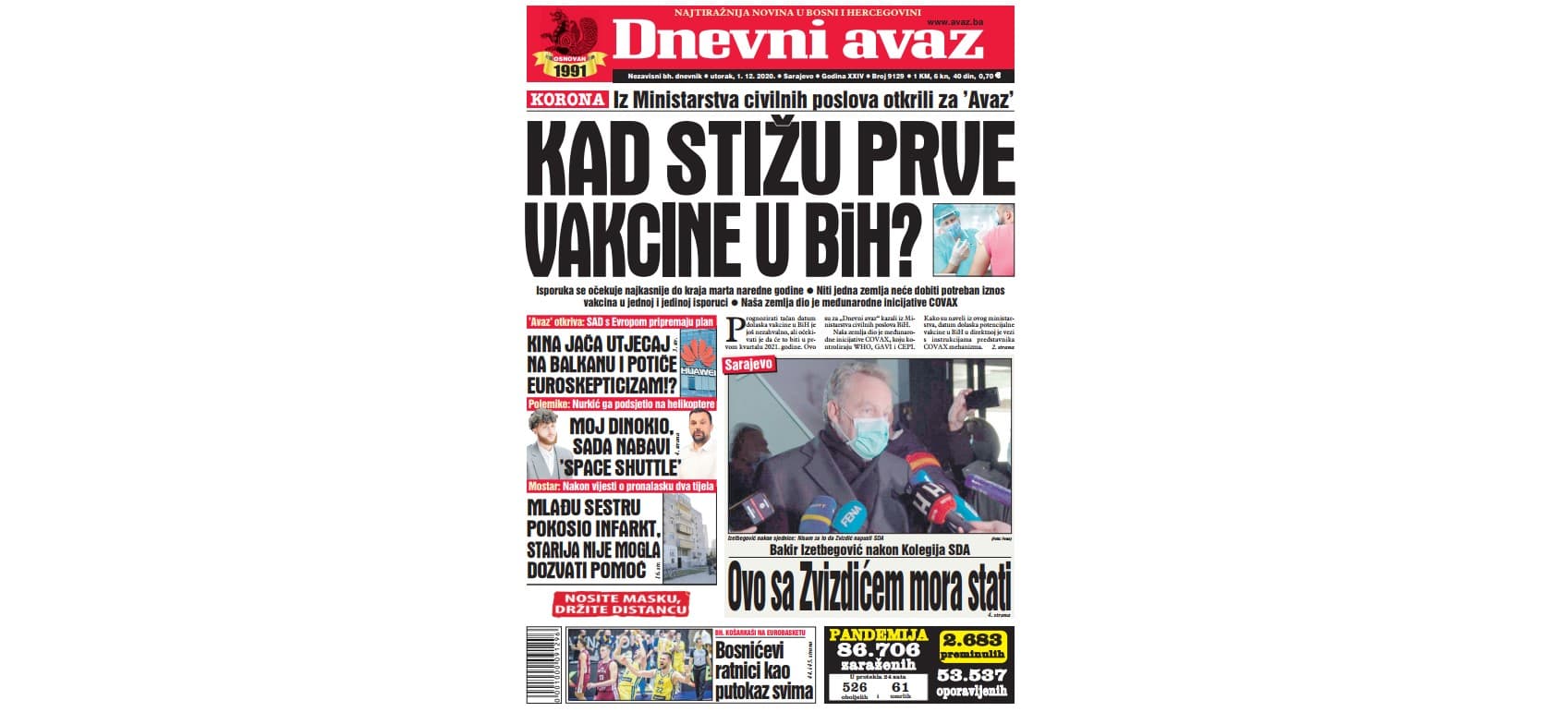 Danas u "Dnevnom avazu" čitajte: Kad stižu prve vakcine u BiH?