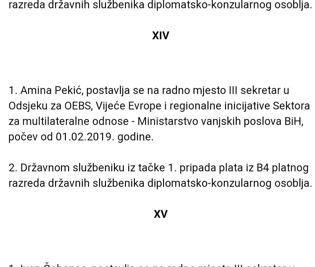 Facsimile of the decision on the appointment of Amina Pekić published in the Official Gazette of B&H - Avaz
