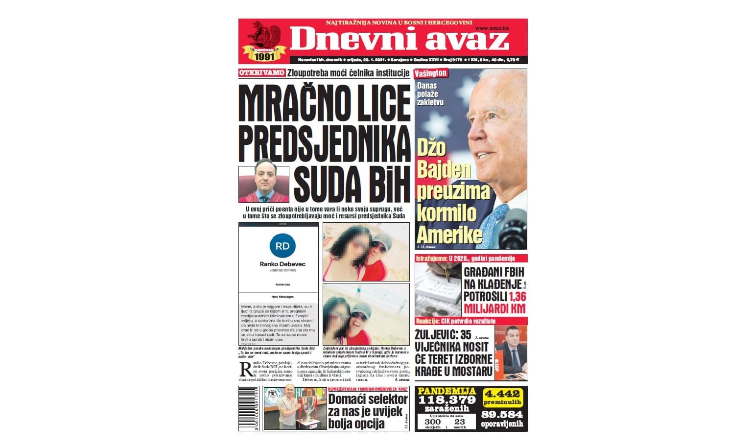 Danas u "Dnevnom avazu" čitajte: Mračno lice predsjednika Suda BiH