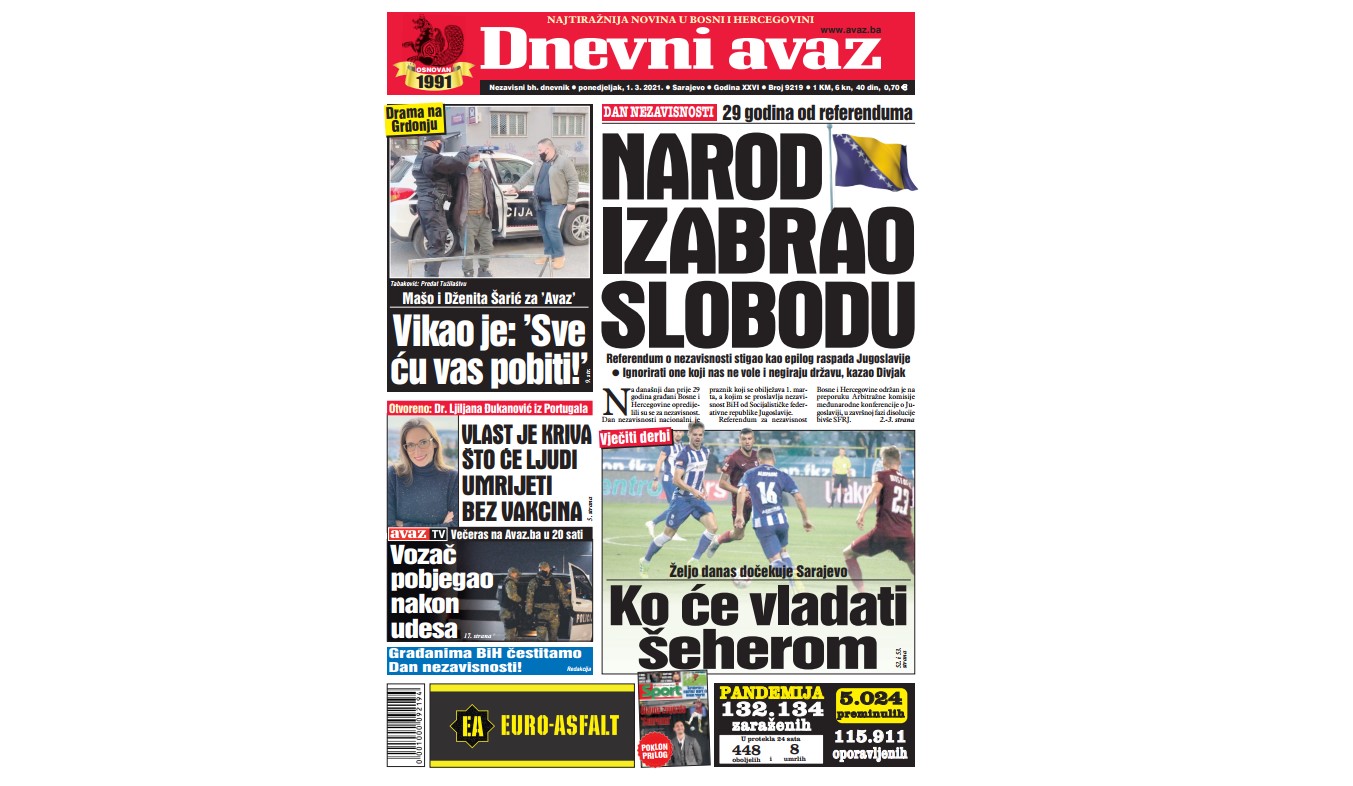Danas u "Dnevnom avazu" čitajte: Narod izabrao slobodu