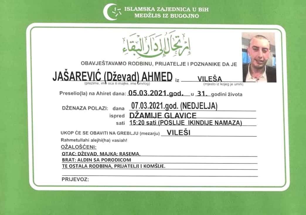 Sutra dženaza mladiću koji je poginuo u stravičnoj nesreći u Bugojnu
