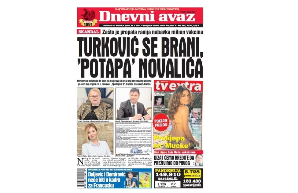 Danas u "Dnevnom avazu" čitajte: Turković se brani, "potapa" Novalića