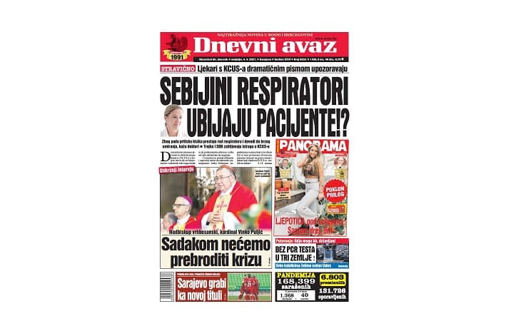 Danas u "Dnevnom avazu" čitajte: Sebijini respiratori ubijaju pacijente!?