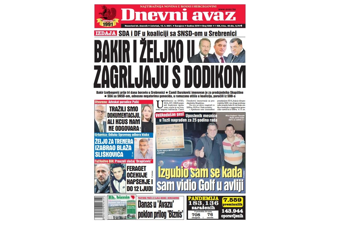 Danas u "Dnevnom avazu" čitajte: Bakir i Željko u zagrljaju s Dodikom