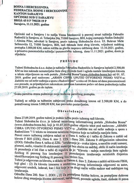 Faksimil presude Općinskog suda u Sarajevu - Avaz