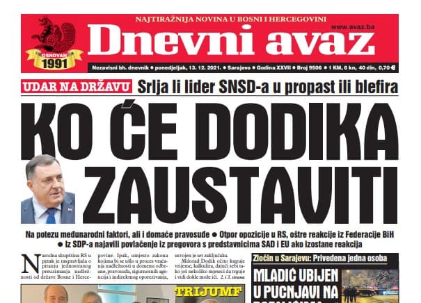 Današnji "Dnevni avaz": Ko će Dodika zaustaviti