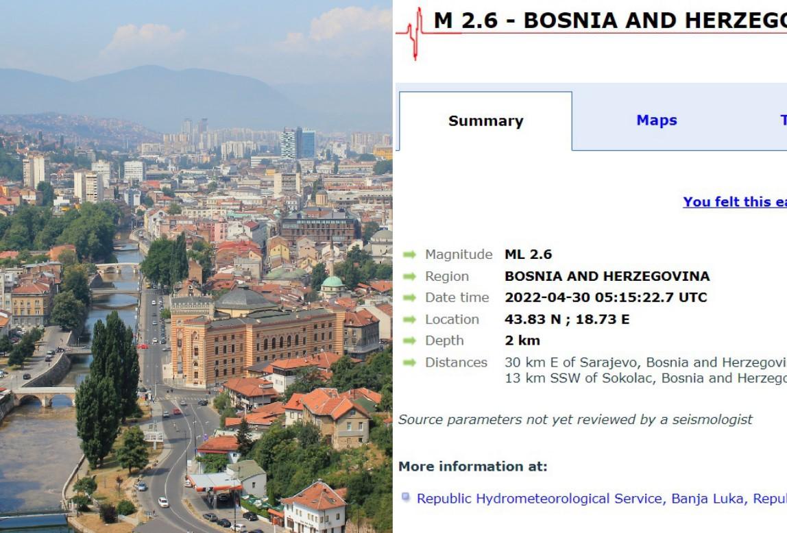 Novi zemljotres u BiH, epicentar u Sarajevu