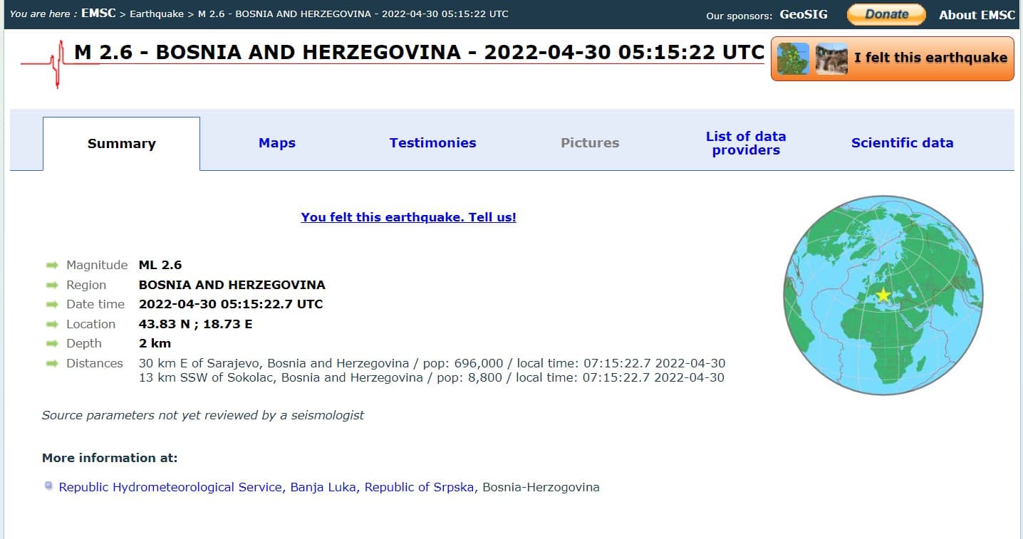 Zemljotres bio jačine 2.6 stepena Rihteru - Avaz